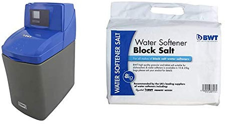 BWT WS555 Hi Flow Electronic Demand Block/Tablet Water Softener, Blue, 14 Litre & SALTBLO Water Softener Block Salt, White, 8 kg, Set of 2 Pieces
