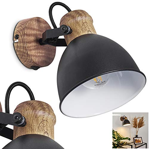 Wandlampe Banjul, Vintage Wandleuchte aus Metall in schwarz/holzoptik im Industrial-Style, 1-flammig, 1 x E27, Ø Schirm 15 cm, verstellbarer Strahler, mit An-/Ausschalter, ohne Leuchtmittel