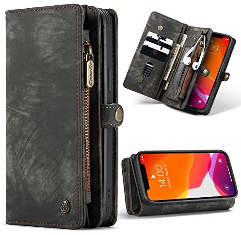 SWP Case for iPhone 12/12 Pro 5G, Wallet Case w/Magnetic Detachable Cover [11 Card Slots] Clutch Wallet w/Wristlets Money Pocket Compatible with iPhone 12/12 Pro 6.1 inch 2020 (Black-Dark Grey)