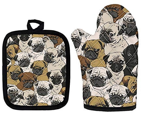 HUGS IDEA Mops Pop Ofenhandschuhe – Social Pugs Hitzebeständige Grillhandschuhe mit Fingern, Ofenhandschuhe, Küchenhandschuhe zum Backen, Grillen, Grillen