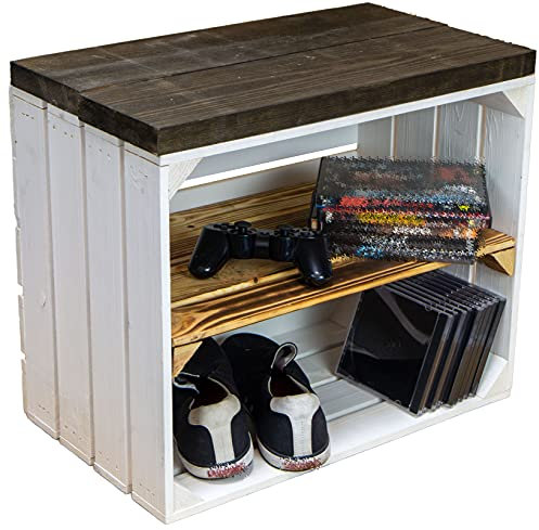 Sitzkiste Johanna Obstkiste und massiven Holzplanken Schuhablage Schuhkommode Hocker Sitzbank Holzbank Regalkiste aus Holz Maße 50 x 30 x 43cm L x T x H (weiss geflammt / schwarz)