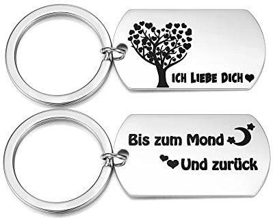 Zysta 2 Stück Pärchen Schlüsselanhänger mit Gravur “ICH LIEBE DICH Bis zum Mond Und zurück” Dog Tag Anhänger Edelstahl Paar Schlüsselbund Liebe Keychain für Partner