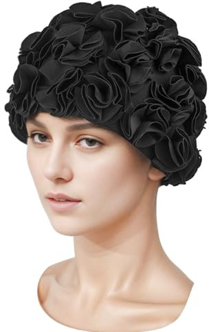 Medifier Retro 3D flor pétalo nadar gorro vintage natación gorro de ducha para damas mujeres niñas negro