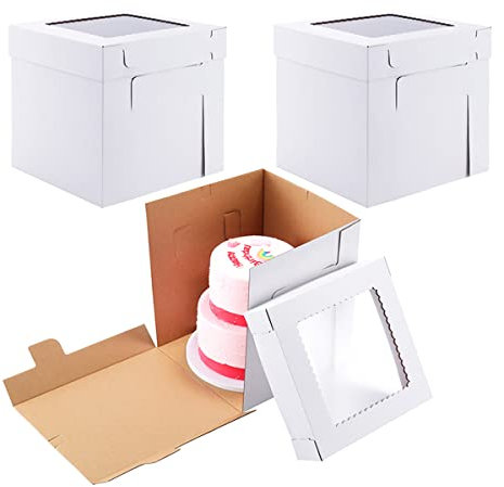 Huoshange Cake Boxes 12x12x12 inch [3 Pack ] Premium&Sturdy,White Bakery Boxes with Window for 10-Inch Cakes Tier Cakes, Disposable Cake Containers