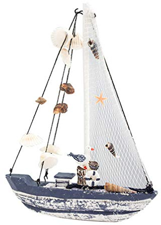 Ciieeo 1pc Mediterranean Style Wooden Sailboat Model, Vintage Sea Theme Nautical Ornament with Shells, Coastal Ocean Tabletop Decoration for Living Room Mantlepiece