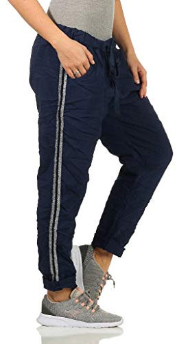 Mississhop 348 Damen Hose Freizeithose Baumwollhose Baumwolle mit Seitlichen Silberstreifen Glitzerstreifen Blau