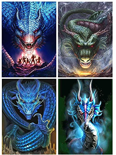 Ronde Lot de 4 Peintures Diamant 30x40 cm Diamond Painting Dragon Cross Stitch Peinture par numéros Kit de Broderie au Point de Croix Brillant et Cristallin Loisirs Créatifs Adultes Pour Décoration