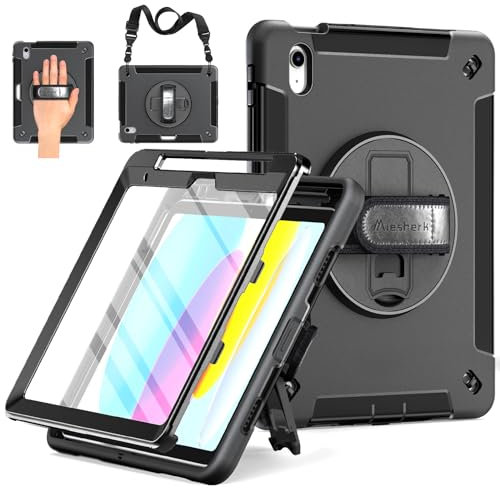 Miesherk Hülle für iPad A16 11./10.Generation 2025/2022 11/10.9 Zoll: 3-Schichte Militärische Stoßfest Schutzhülle Case-Displayschutzfolie-Stifthalter-Drehbar Ständer-Handschlaufe-Schultergurt-Schwarz