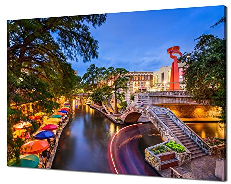 San Antonio Wandkunst San Antonio Alamo Kanal Fluss Walk Street Wanddekoration Texas Skyline Bild Leinwand HD gedruckt Gemälde Poster gespannter Rahmen Home Wohnzimmer Dekorationen (91,4 x 61 cm)