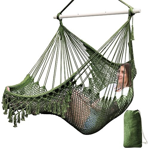 Chihee Hammock Chair Super Large Hanging Chair Soft-Spun Cotton Rope Weaving Chair, Collapsible Strong Metal Spreader Bar Wide Seat Lace Stretch Swing Chair Indoor Outdoor Garden Yard Theme Decoration