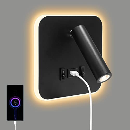 Lampe de Lecture de Chevet 3W + 9W 3000K, applique Applique Murale LED avec avec Port de Charge USB et Interrupteur, Lampe de Lit Spot Réglable pour chambre escaliers salons hôtel (carré 1 noir)