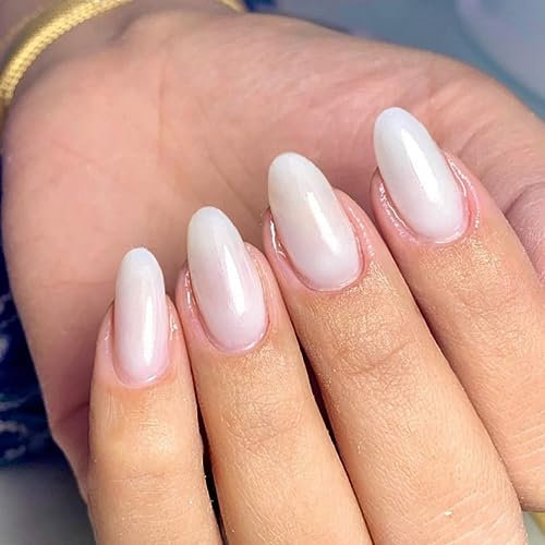 JUSTOTRY 24 Stück Milky Mandel Nägel Zum Aufkleben Kurz,Weiß Press on Nails, Glossy Oval Kunstnägel Fake Nails Mittel für Nails Art,French Fingernägel zum Aufkleben für Frauen