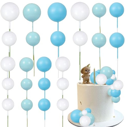 Gyufise 30Pcs Colorful Balls Cake Topper Mini Balloon Cupcake Toppers DIY Foam Ball Cake Insert Decoration for Wedding Baby Shower Birthday Party Decorations Supplies Deep Blue Light Blue White