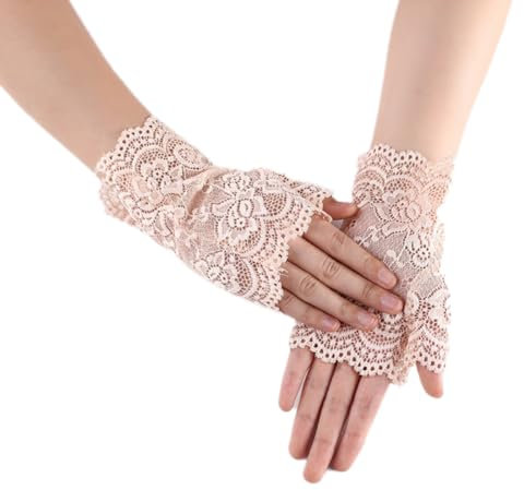 Whakano 1 Paar Damen Fingerlose Spitzen Handschuhe,Kurze Hochzeitshandschuhe,Kurz Geschnittene Fingerlose Gloves Damen Mädchen Braut,für Halloween,Bankett,Party,Hochzeit,Tea Party Zubehör,Beige