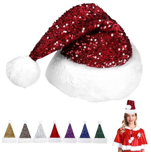 Pailletten Weihnachtsmütze Nikolausmütze Erwachsene Plüsch,Plüsch Nikolausmütze mit doppeltem Samt für Weihnachtsfeiern,Bequemes Dicker Klassischer Nikolausmütze für festliche Partys im neuen Jahr