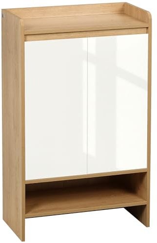 HOMCOM Zapatero Moderno Armario de Zapatos con 2 Puertas 5 Estantes Ajustables para 15 Pares de Zapatos para Sala Entrada Pasillo 60x32x100 cm Marrón y Blanco Brillante