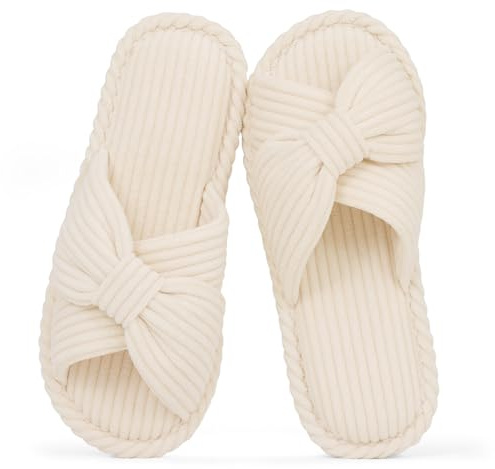 Evshine Summer House Slippers for Women Corduroy Open Toe Indoor Slippers