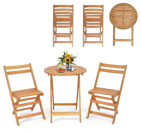 KOMFOTTEU 3tlg. Bistroset klappbar, Sitzgarnitur mit 1 Bistrotisch & 2 Gartenstühle, Gartengarnitur aus Akazienholz, Balkonmöbel Sitzgruppe Balkonset für Terrasse, Garten