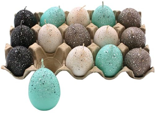 Dekohelden24 Ostereikerze im 15er Set - Eikerzen - Osterkerzen - Kerzen als Osterei, Pastellfarben türkis, Größe H/Ø 6,5 x 4 cm,