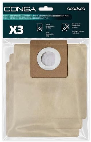 Cecotec Pack 3 Staubsaugerbeutel für Bodenstaubsauger Conga PowerBag 2500 Compact Plus. Enthält Beutel kompatibel mit Conga Powerbag 2500 Compact Plus