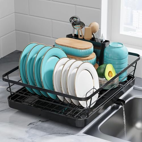 Dish Drainer Rack, Dish Drainer Rack With Drip Tray, Durable Stainless Steel Kitchen Drying Rack with a Cutlery Holder, Drying Rack for Dishes, Knives and Forks