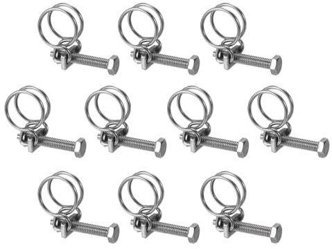 sourcing map 10Pcs Double Wire Hose Clamp, 15-18mm Adjustable Stainless Steel Wire Hose Clips with M6 Bolt for Dust Collection Hose, Pump Hose Pipe