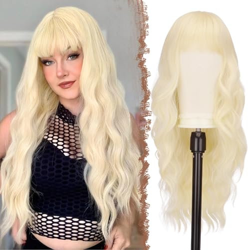 FESHFEN Lange Blond Perücke mit Pony für Frauen Natürliche Synthetik Gewellt Lockig Wellig Haare Hitzebeständig Damen Perücken für Tägliche Party Cosplay Karneval, 65 CM