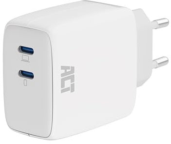 ACT 65W 2-Port USB-C Ladegerät, USB-C Power Delivery PPS, GaNFast USB C Adapter, Ohne Ladekabel USB Stecker, iPhone, MacBook Air M1/M2, iPad, Android – AC2165