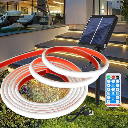 Wisada 12V Solar Dimmbare COB Neon Streifen Selbstklebend, 8 Modi Lichtband Außen IP68 Lichterkette, 2M 320LEDs/m Superheller Kaltweiß COB LED Strip Cuttable LED Band für Terrasse, Innenhof