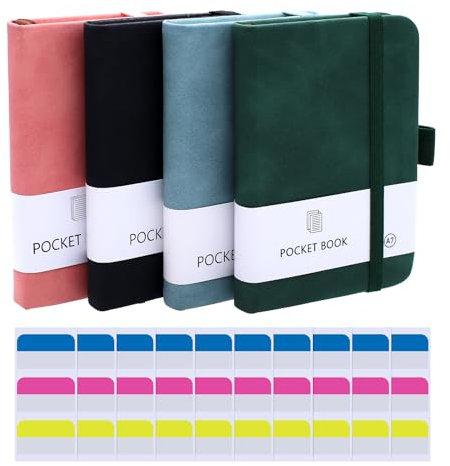 Aimeke 4 Stück Notizbuch Klein A7, Mini Notizbuch A7 Notizblock Klein mit 30 Stk Haftstreifen, 200 Seiten, Taschen Journal mit Stifthalter, Gummizugverschluss für Schule, Arbeit - 4 Farben
