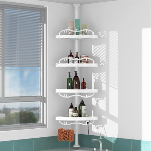 LAIDER HEROS Estanteria Baño Telescopica sin Taladros, 137-289 cm 4 niveles Estanteria Rinconera Ducha para Almacenamiento Champú Gel Ducha Jabonera Ducha/Blanco