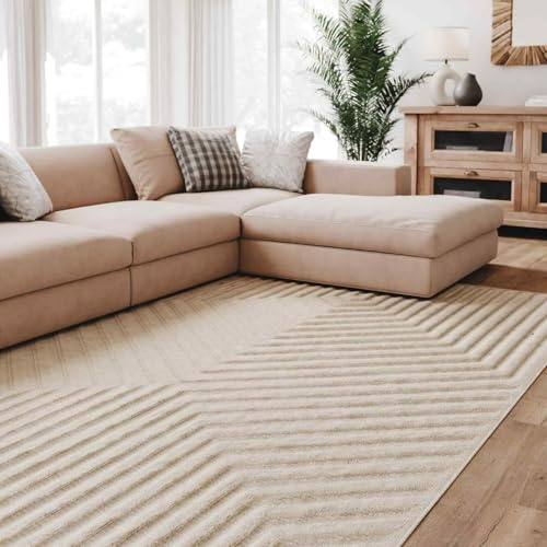 Interiyou Teppich Wohnzimmer Lecce - 240x340 cm Creme - Für Schlafzimmer, Esszimmer, Kinderzimmer - Kurzflorteppich skandinavisches Boho Muster - Hoch-Tief Effekt - Flach mit Geometrischem Muster