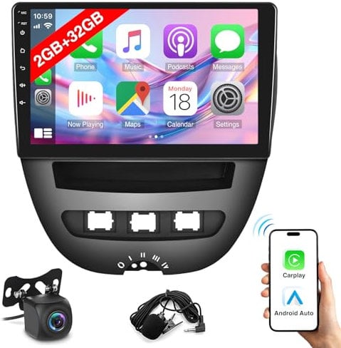 2G+32G Carplay Autoradio für Peugeot 107 Toyota Aygo Citroen C1 2005-2014 mit 10 Zoll Bildschirm,Android 13 Autoradio mit Navi Android Auto Bluetooth HiFi Mirror Link WiFi SWC+ Rückfahrkamera