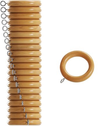 Home Hacks Wooden Curtain Rings With Loops & Gliders - 10 Pack Drapery Rod Hanging Rings With Eyelets for 28mm Wood Poles (Natural)