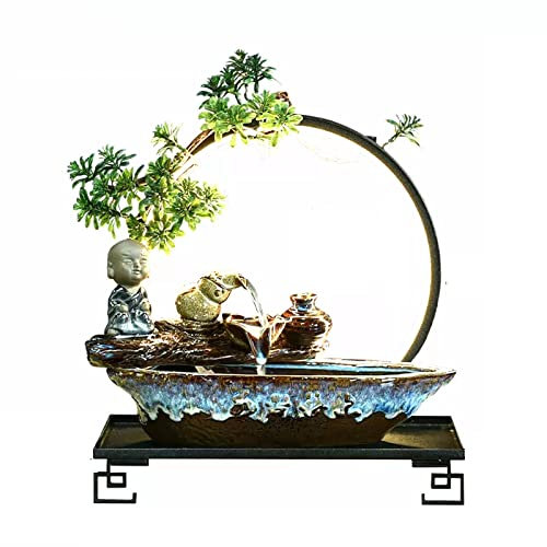 Fuentes de sobremesa Fuente de escritorio Fuente de escritorio de relajación interior Fuente de agua de mesa de cerámica en cascada con base de metal negro y luz LED Escritorio Zen for interiores