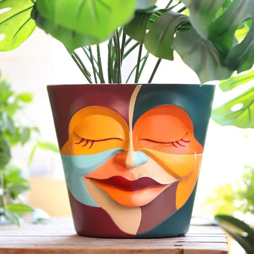 AmiCera Abstract Face Plant Pots Indoor 20cm Diameter, Funny Flower Pot for Plants, Unique Cute Head Planters with Drainage, Eclectic Aesthetic Colourful Succulent Pots, Funky Garden Gift Home Decor