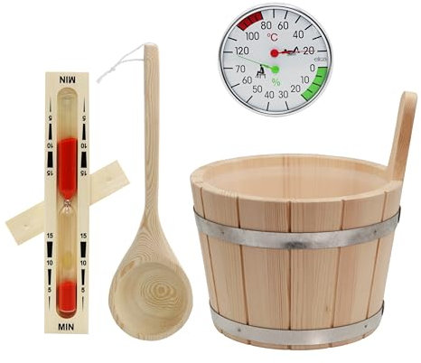HAF® Saunakübel Set Nadelholz 5 Liter mit Einsatz, 40cm Saunakelle Kiefernholz, Sanduhr und Klimamesser | Feuchtigkeitsresistenter Aufgusseimer | Hochwertiges Sauna Zubehör | Qualität: Made in Germany