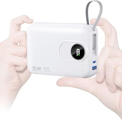 Built-in Cable 20000mAh Power Bank: 22.5W Fast Charging External Battery for Mobile Phone, USB C (Input & Output) Battery Pack, Portable Charger with 4 Outputs & 2 Inputs-White