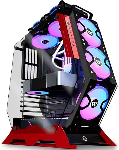 ANSAITE PC Case - ATX Mid Tower Tempered Glass Gaming Computer Open Frame Case with 5 PWM ARGB Fans (570-red)