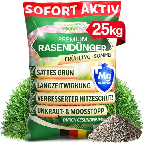 DÜNGEMEISTER Rasendünger für Ihren sattgrünsten Traumrasen - gesunder, dichter und sattgrüner Rasen sofort mit revolutionärer KI Formel - Langzeit NPK/Organisch Frühjahr/Sommer (25 kg)