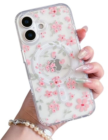 QLTYPRI Magnetic for iPhone 13/14 Case Compatible with Magsafe, Cute Floral Flower Aesthetic Phone Case Slim Clear Anti-Yellowing Shockproof Phone Cover for Girls Women - Pink