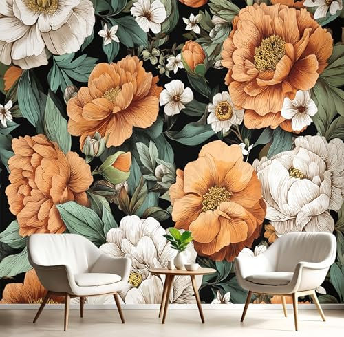 JEDTAKCT Coral Orange Wallpaper Striped Peony Textured Wallpaper Vintage Watercolor Feature Wall Mural 300X210Cm (118X83) Large Photo Wallpapers for Bedroom Living Room Tv Backdrop Hallway