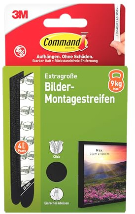 Command Extra-Große Klebestreifen, Packung mit 4x2 (8 Strips), Größe XL, Schwarz -Befestigung ohne Bohren - Für Bilderrahmen, Spiegel und weitere Deko