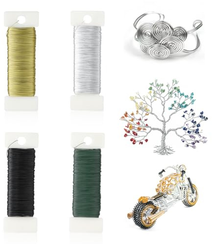 AiQInu 4 Rotoli di Filo Metallico per Fiori, Bobina Da 50 m, Ø 0,35mm Filo per Gioielli, Facilmente Piegabile, per Composizioni Floreali e Lavori Creativi (Oro, Argento, Verde, Nero)