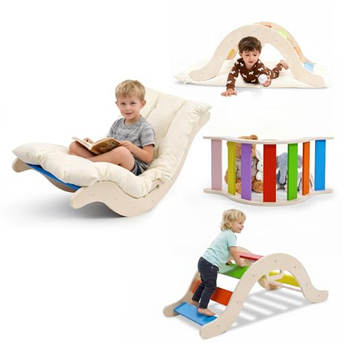 STYPLZ Kletterbogen mit weichem Kissen, Kletterdreieck zum Wippen, Klettern und Krabbeln, Indoor Klettergerüst aus Holz, für Kinder ab 3 Jahre (Klein, unregelmäßig geformt, bunt)