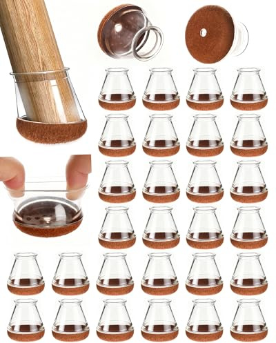 Acual 32 PCS Protege Pied de Chaise, Protection Patin Chaise Silicone | avec Tampon Feutré, Meubles Anti-Rayures et Réduction du Bruit, pour Sols en Bois Dur et Carrelage (Transparent, 14×20 mm)