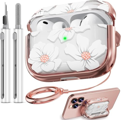 Safety Lock Inesore Floral Cute Hülle Compatible with AirPods Pro 3, Case for Women Girls, with Cleaning Kit and Keychain for Air Pods Pro 3 (2025) - White