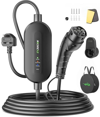 Evjuicion EV Charger 3 Pin Plug 5M, 10A EV Charger Cable Type 2 to 3 Pin Plug 2.3kW, Electric Car Charger Type 2 Charging Cable IP67/IP65, with Gun Holder & Carry Bag