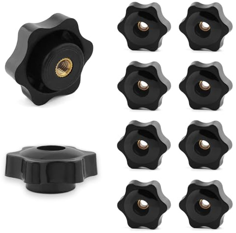 10PCS M5 Star Knob Nuts, M5 x 32mm Thumb Knobs, Through Threaded Knob Nut Hex Head, Copper Core Hand Tighten Clamping Knobs, Tool-Free Hardware for Machine Tools Furniture Fitness Equipment, Black