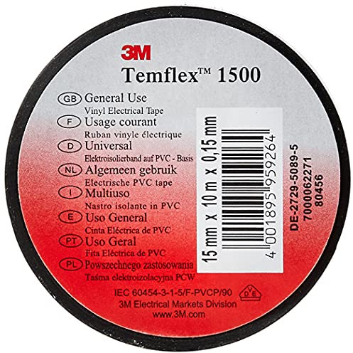 3M Temflex TSCH1510 Temflex 1500 Vinyl Elektro-Isolierband, 15 mm x 10 m, 0,15 mm, Schwarz 1 - Pack